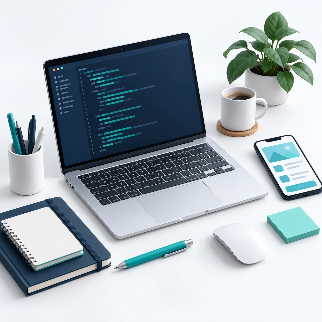 An illustrated developer workspace with a laptop, smartphone, and creative tools